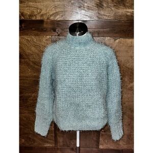 Blue Fuzzy Knit Turtleneck Sweater Cozy Pullover‎ Long Sleeve